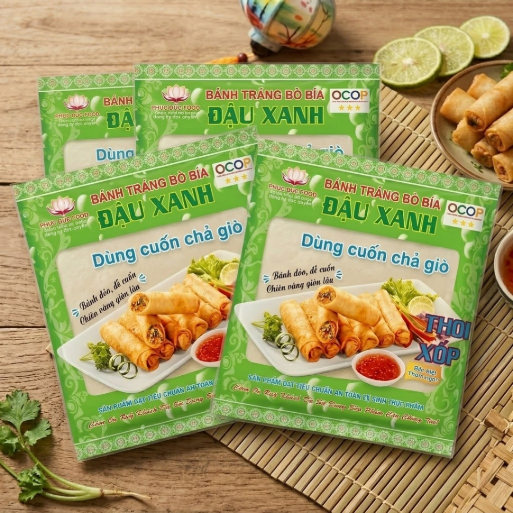 Bánh Tráng Bò Bía Đậu Xanh Phúc Đức Food 70g 20 Lá 15.5cm OCOP 3 Sao