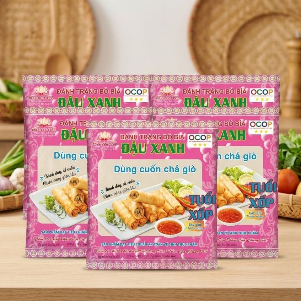 Bánh Tráng Bò Bía Đậu Xanh Phúc Đức Food 80g 25 Lá 15.5cm OCOP 3 Sao