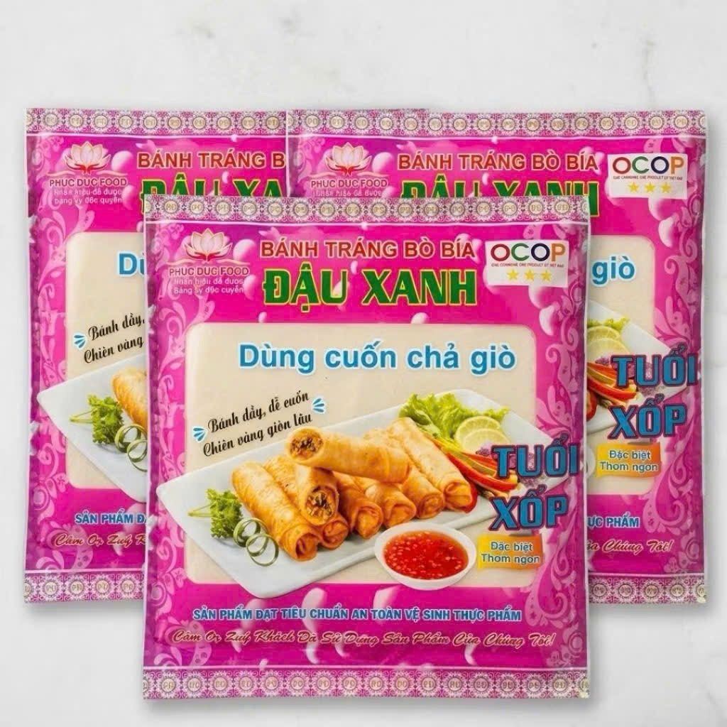 Bánh Tráng Bò Bía Đậu Xanh Phúc Đức Food 80g 25 Lá 15.5cm OCOP 3 Sao